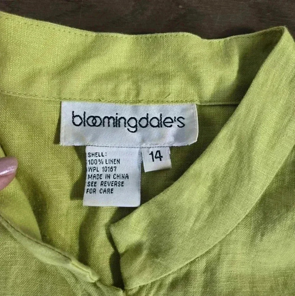 Bloomingdale 100% linen chartreuse button down shirt size 14 - Picture 5 of 10